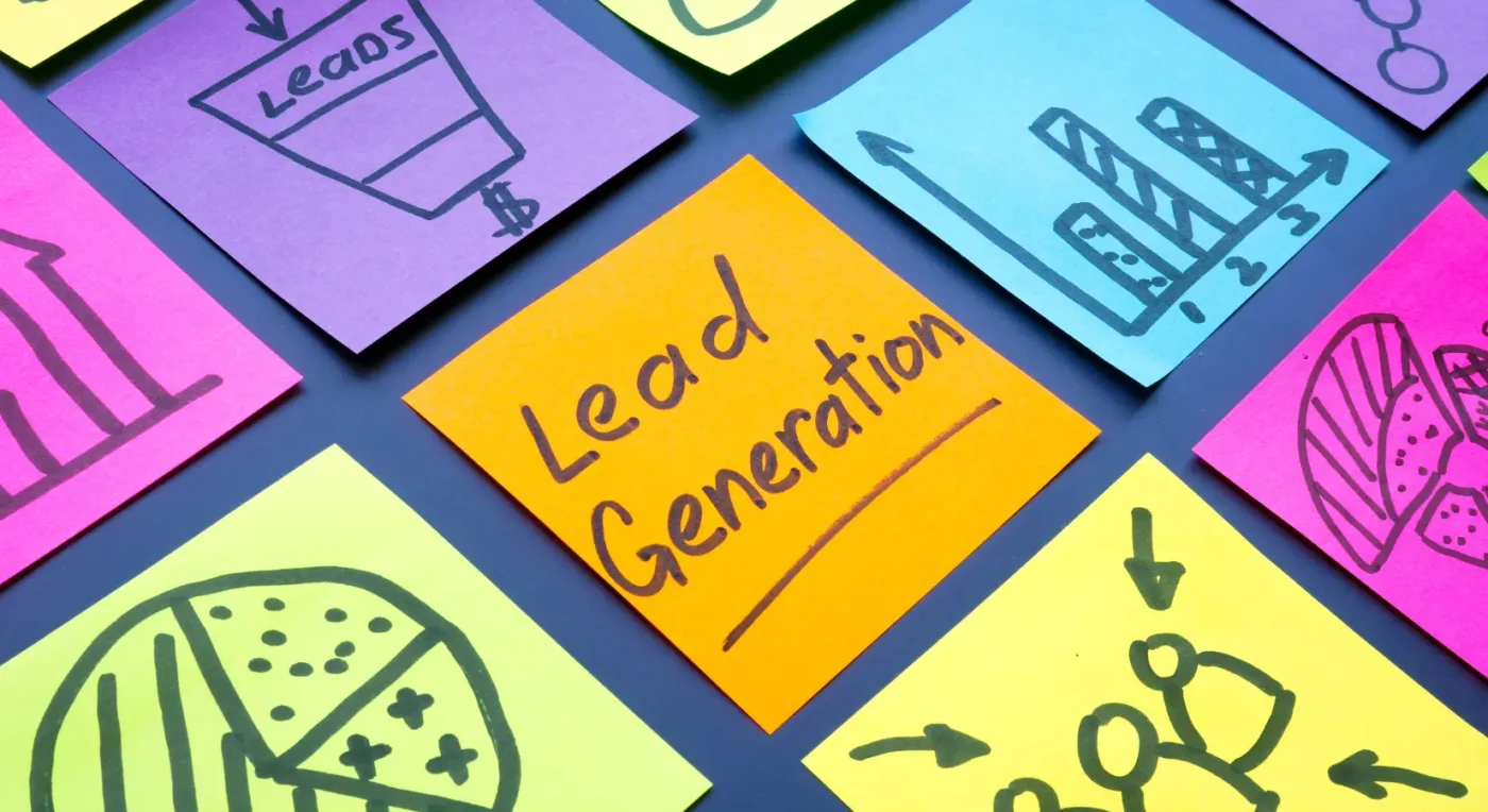colorful sticky notes with sketches, featuring “lead generation” in bold on an orange note