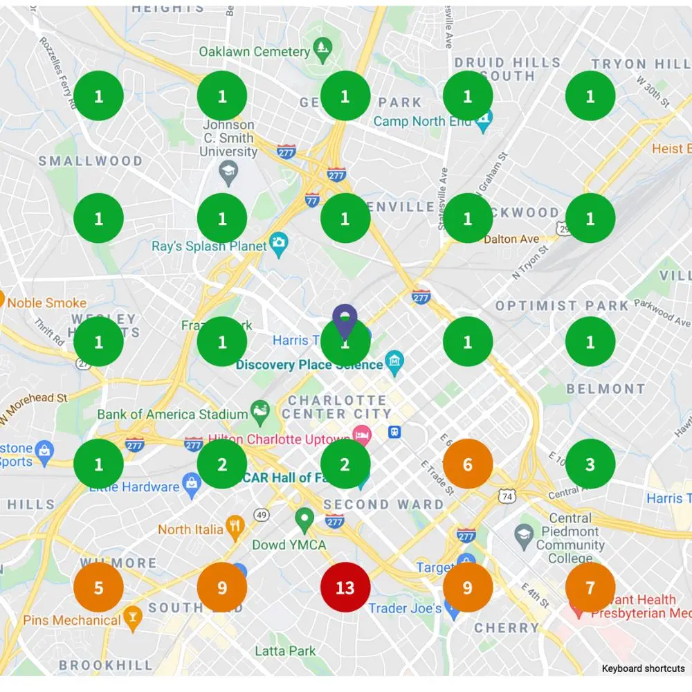 google maps grid showing local search ranking positions for a business across different areas