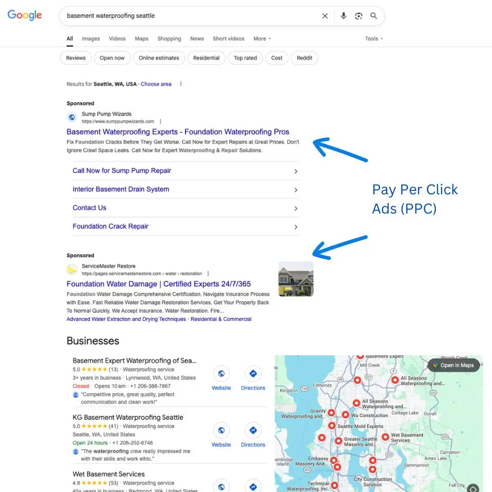 google search results for basement waterproofing in seattle, highlighting pay per click ads above local business listings and map results