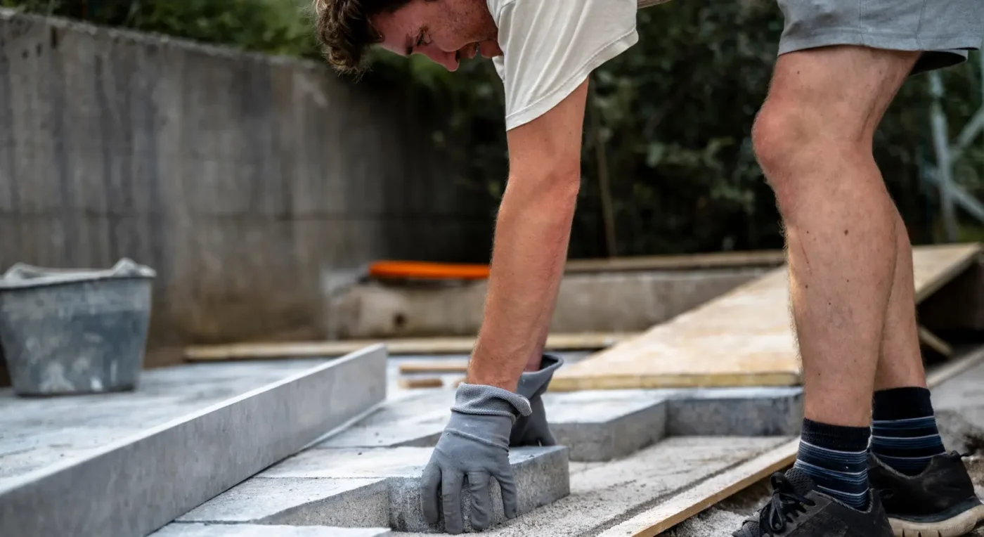 masonry contractor laying stone pavers