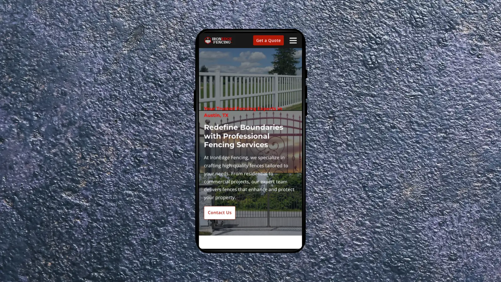 mobile view of ironedge fencing website showing headline, service description, and contact button