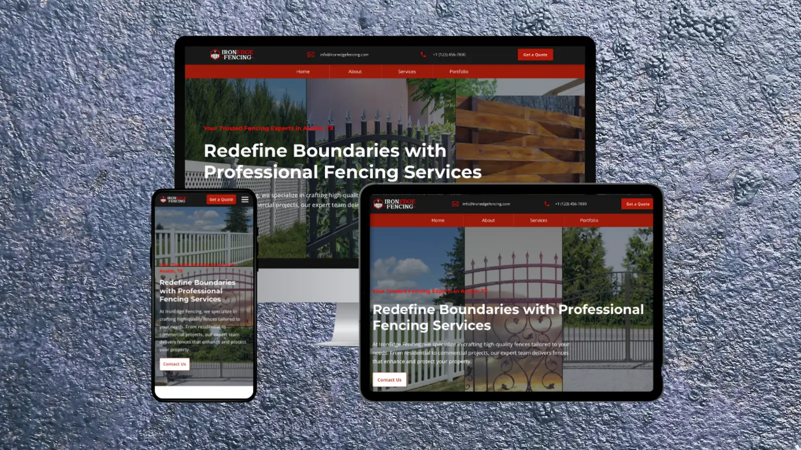 responsive fencing company website displayed on desktop, tablet, and mobile devices