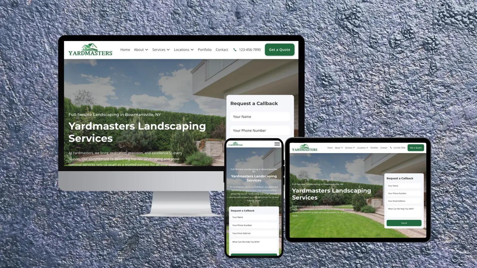 yardmasters landscaping website displayed on desktop, tablet, and mobile devices